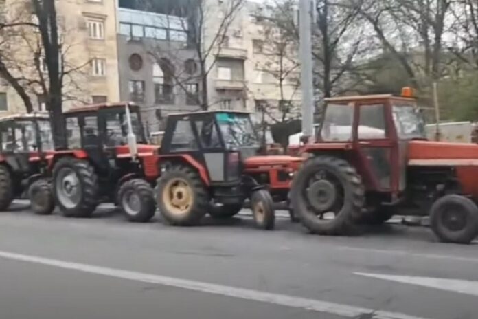 A large number of tractors parked around Pioneer Park in downtown Belgrade